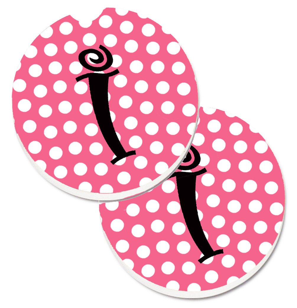 Letter I Monogram - Pink Black Polka Dots Set of 2 Cup Holder Car Coasters CJ1001-ICARC by Caroline&#39;s Treasures