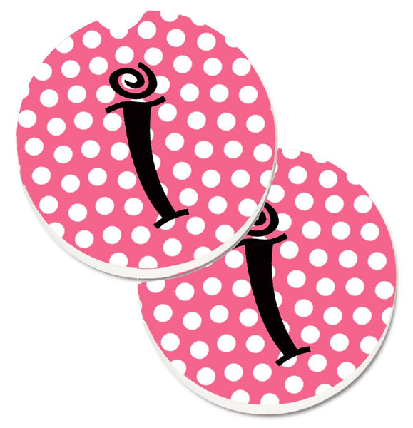 Letter I Monogram - Pink Black Polka Dots Set of 2 Cup Holder Car Coasters CJ1001-ICARC by Caroline's Treasures