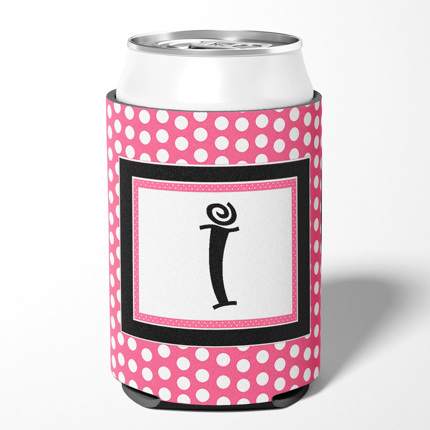 Letter I Initial Monogram - Pink Black Polka Dots Can or Bottle Beverage Insulator Hugger.