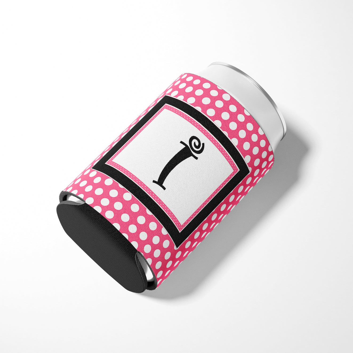 Letter I Initial Monogram - Pink Black Polka Dots Can or Bottle Beverage Insulator Hugger.