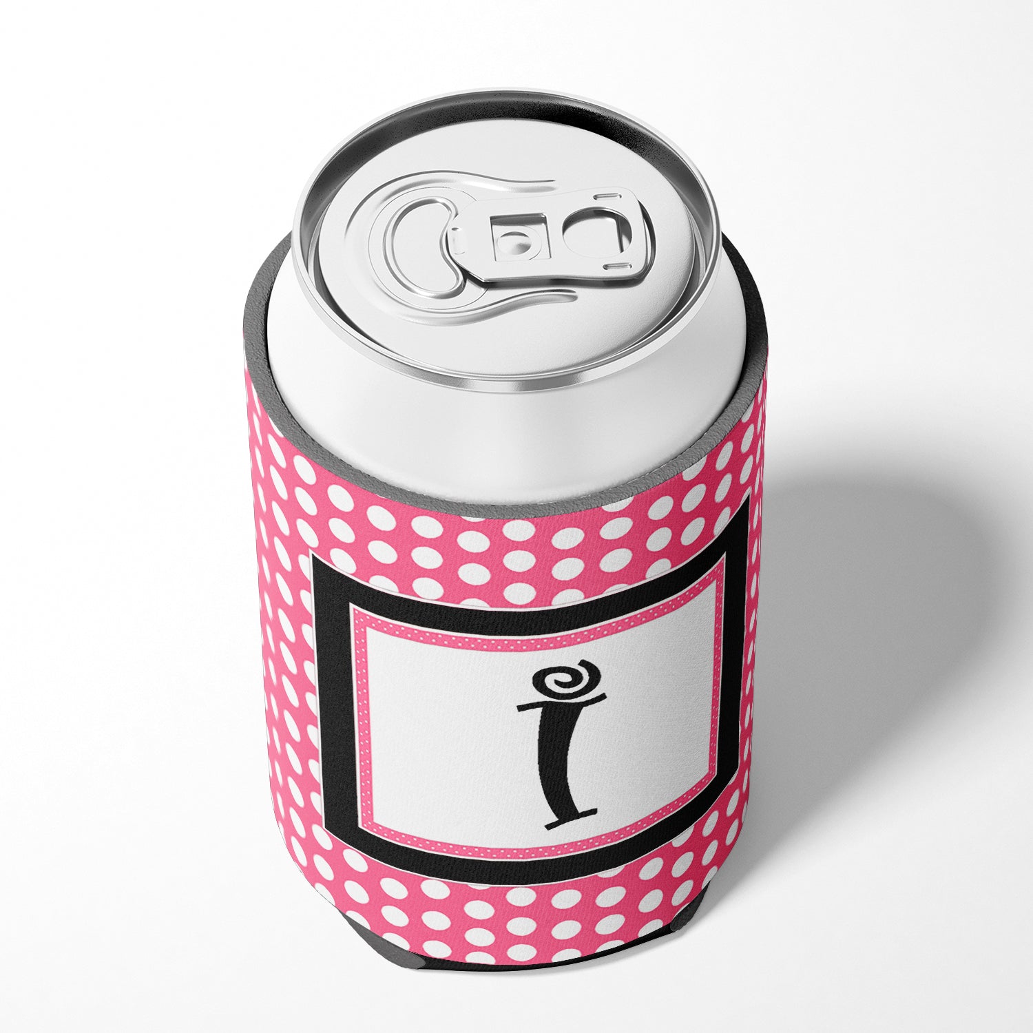 Letter I Initial Monogram - Pink Black Polka Dots Can or Bottle Beverage Insulator Hugger