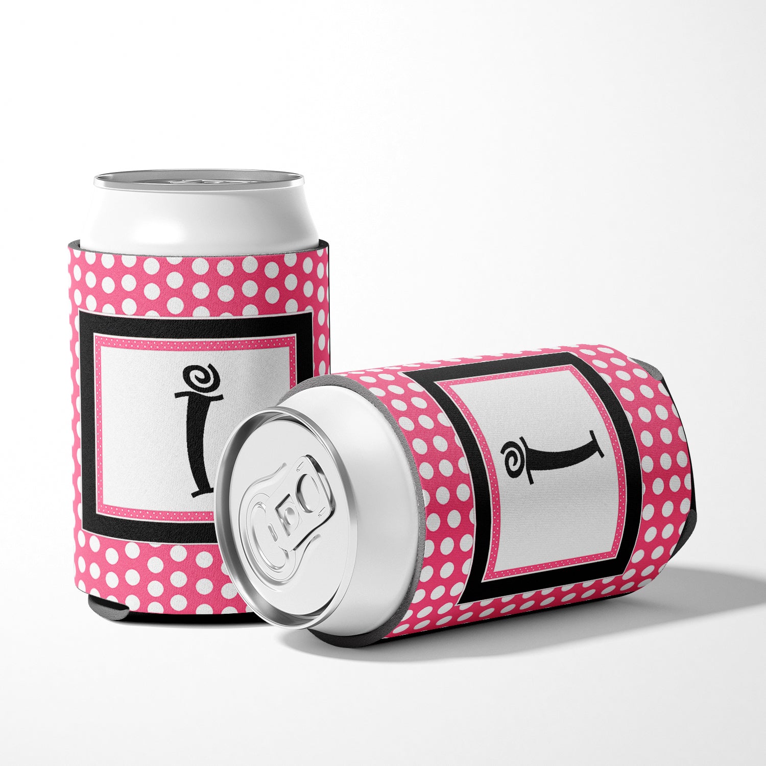 Letter I Initial Monogram - Pink Black Polka Dots Can or Bottle Beverage Insulator Hugger.