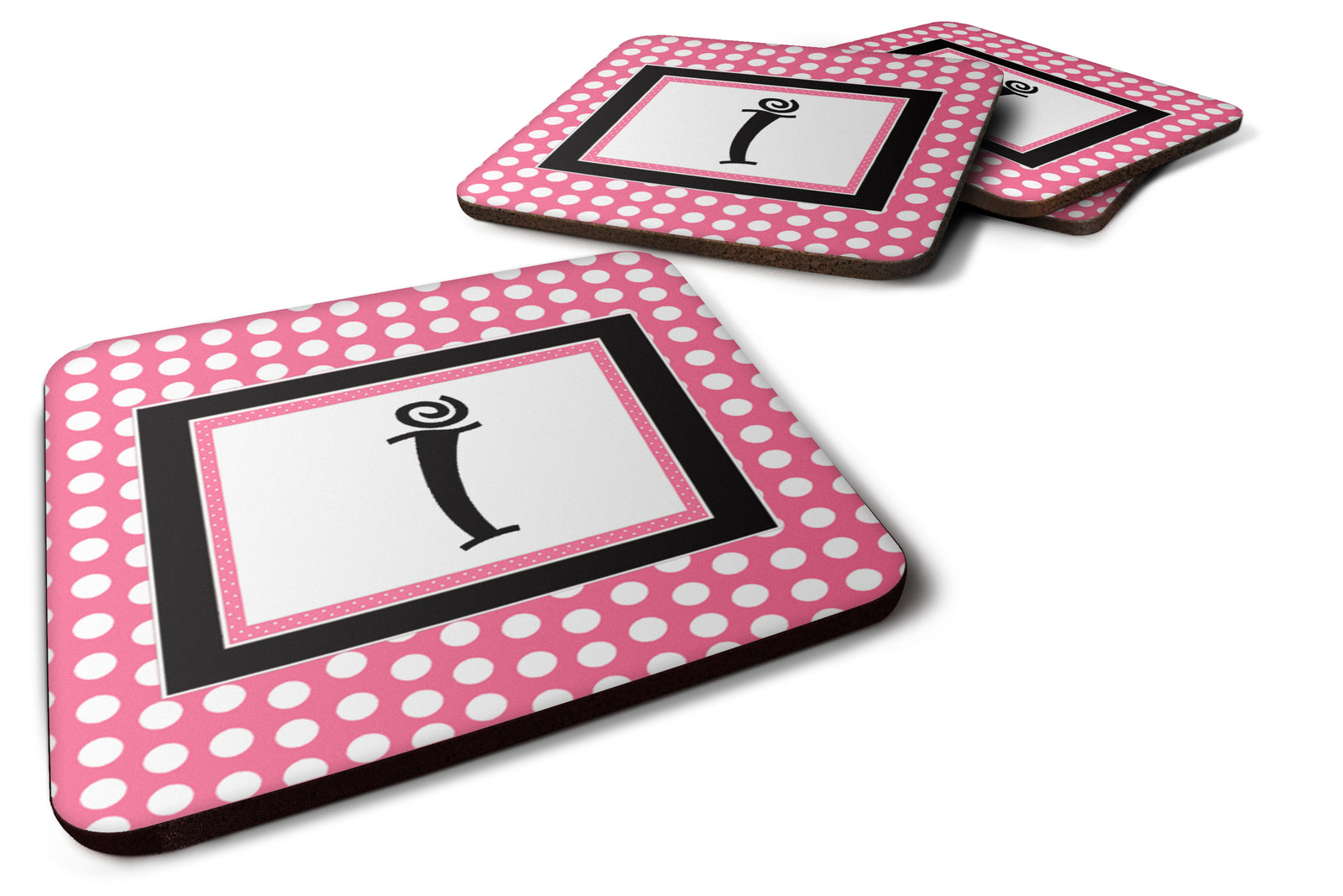 Set of 4 Monogram - Pink Black Polka Dots Foam Coasters Initial Letter I - the-store.com