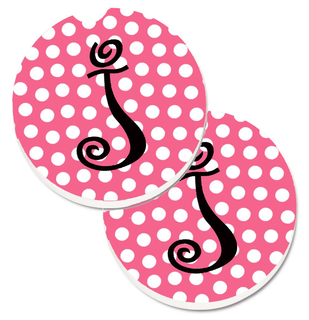 Letter J Monogram - Pink Black Polka Dots Set of 2 Cup Holder Car Coasters CJ1001-JCARC by Caroline&#39;s Treasures