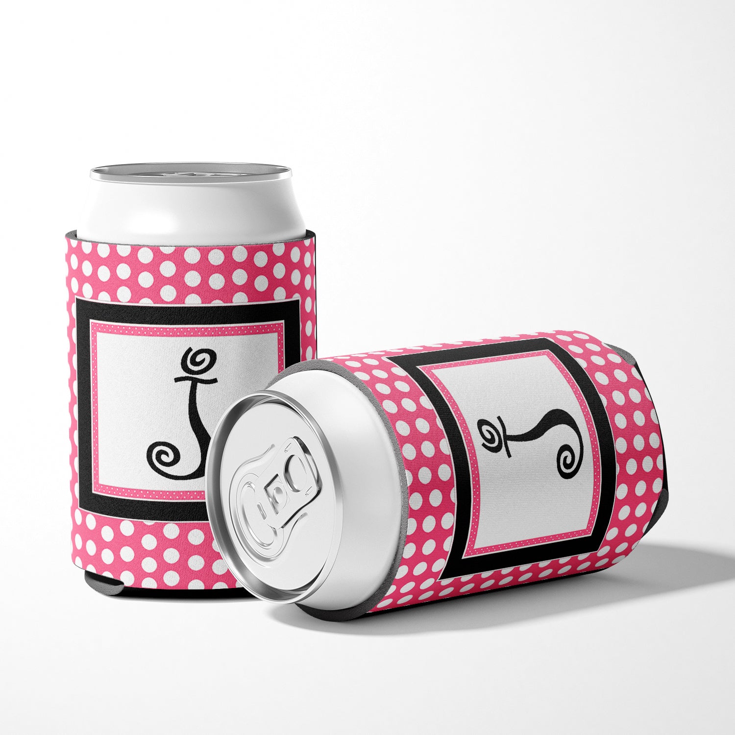 Letter J Initial Monogram - Pink Black Polka Dots Can or Bottle Beverage Insulator Hugger