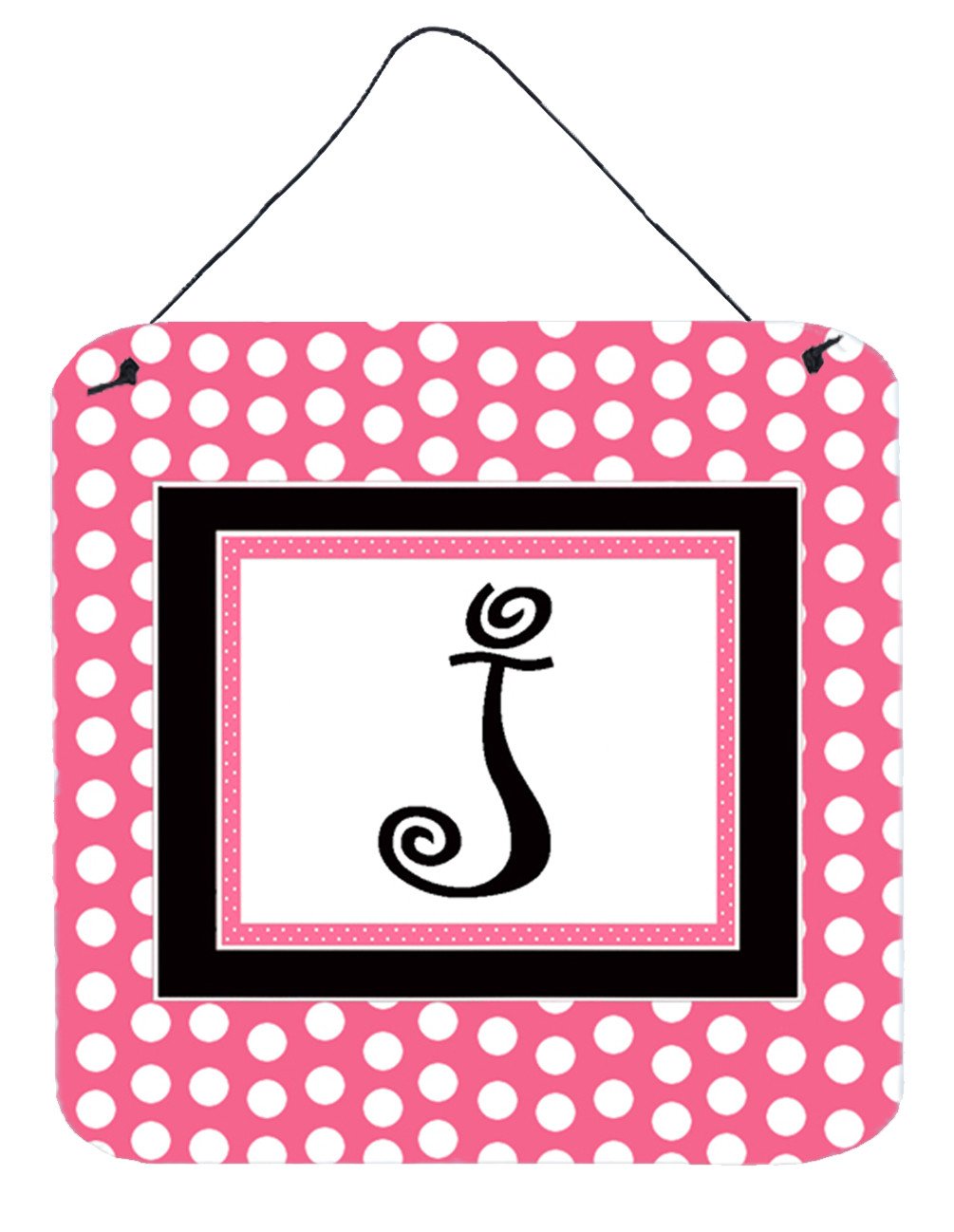 Letter J Initial  - Pink Black Polka Dots Wall or Door Hanging Prints by Caroline&#39;s Treasures