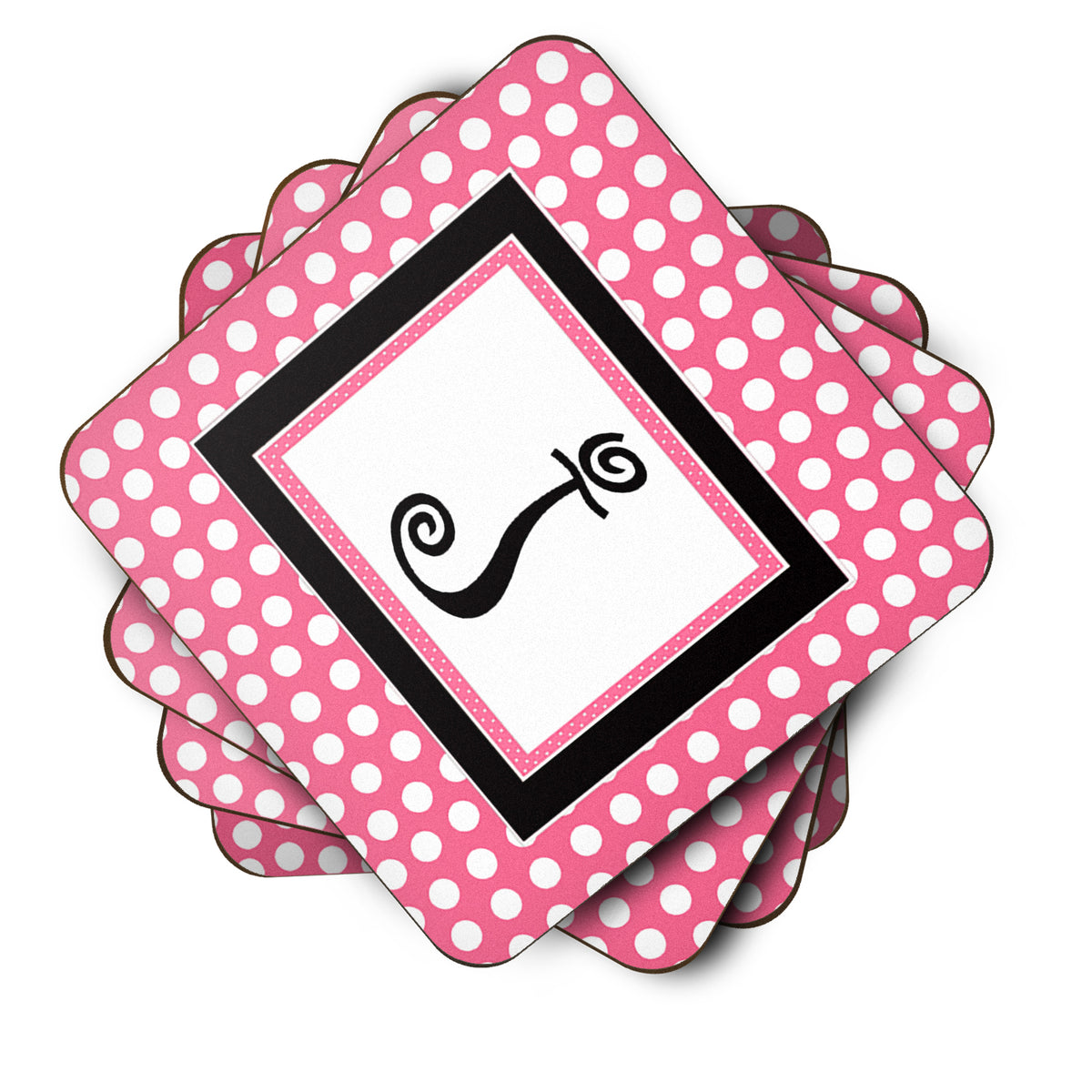 Set of 4 Monogram - Pink Black Polka Dots Foam Coasters Initial Letter J - the-store.com