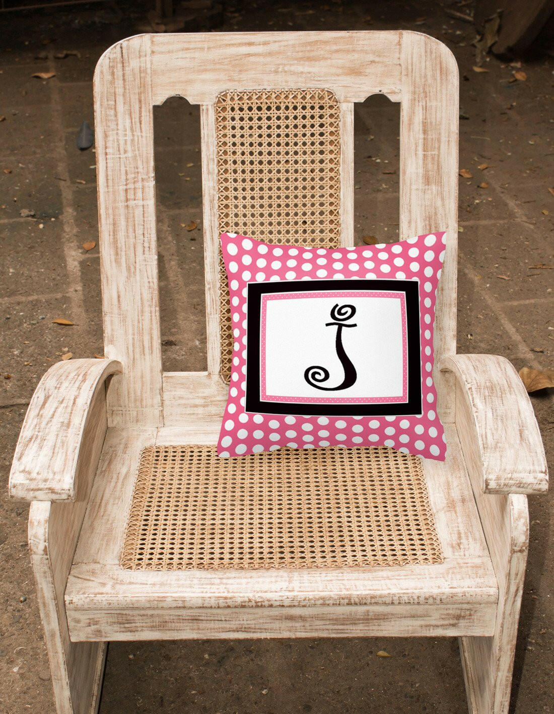Letter J Initial Monogram Pink Black Polka Dots Decorative Canvas Fabric Pillow - the-store.com