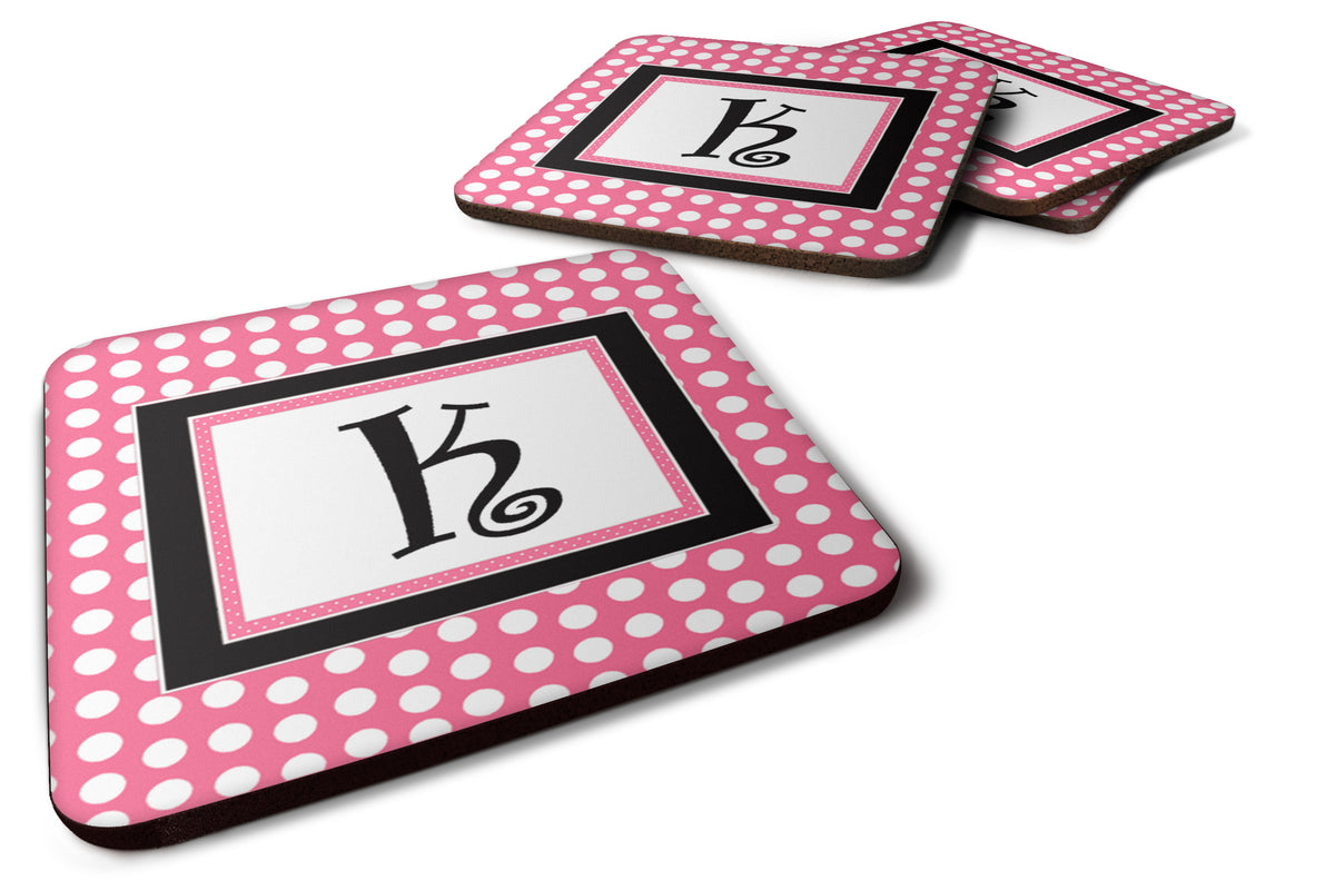 Set of 4 Monogram - Pink Black Polka Dots Foam Coasters Initial Letter K - the-store.com