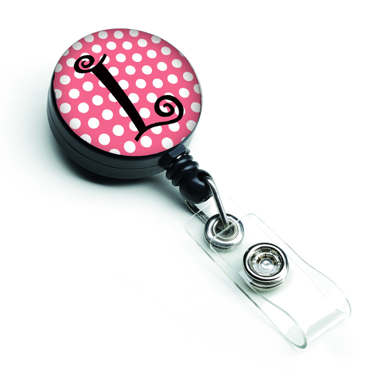 Letter L Monogram - Pink Black Polka Dots Retractable Badge Reel CJ1001-LBR