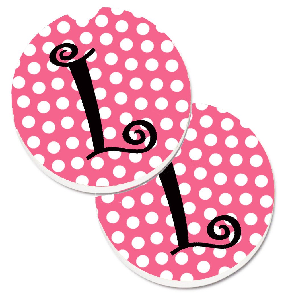 Letter L Monogram - Pink Black Polka Dots Set of 2 Cup Holder Car Coasters CJ1001-LCARC by Caroline's Treasures