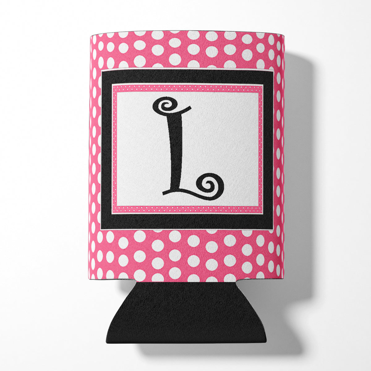 Letter L Initial Monogram - Pink Black Polka Dots Can or Bottle Beverage Insulator Hugger