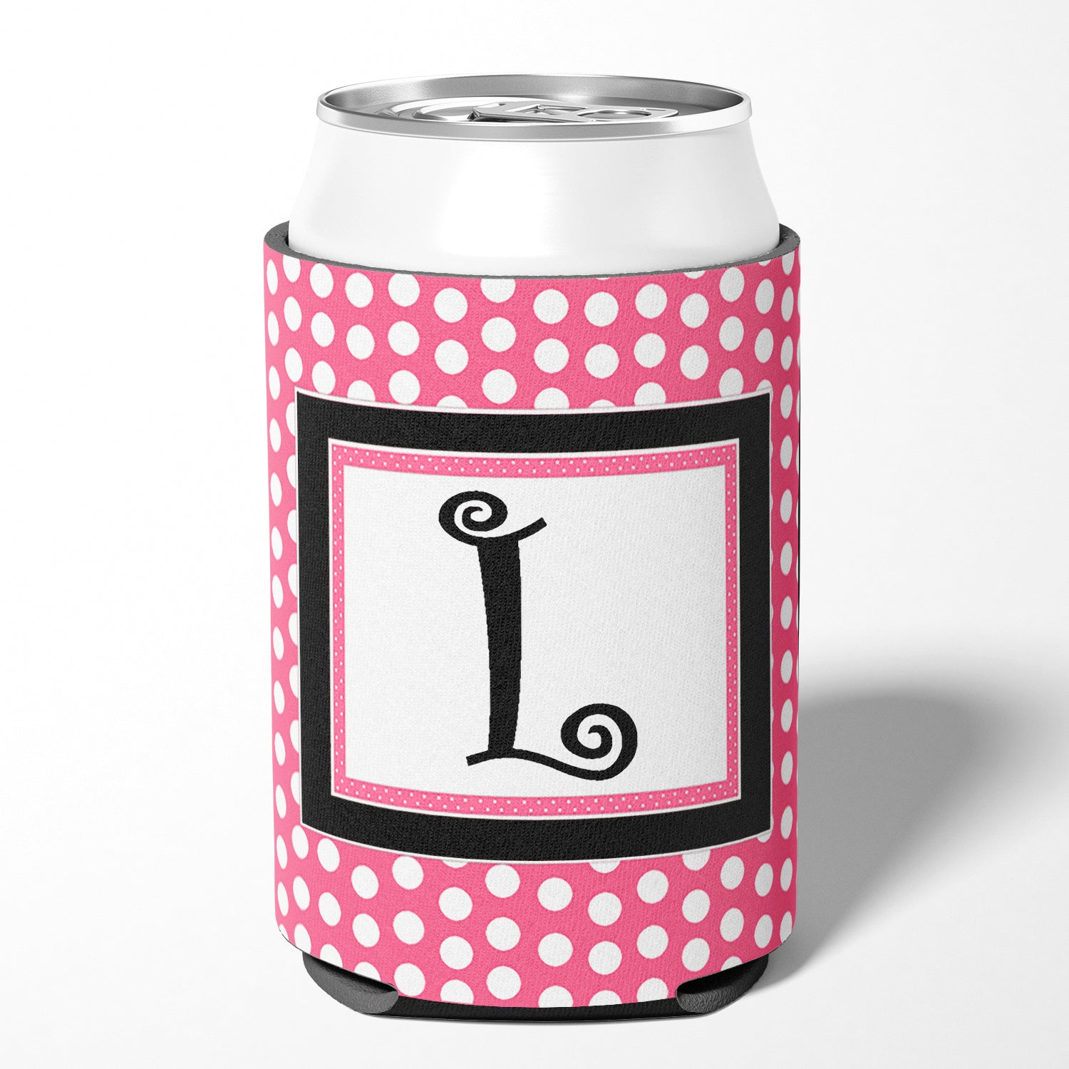 Letter L Initial Monogram - Pink Black Polka Dots Can or Bottle Beverage Insulator Hugger.