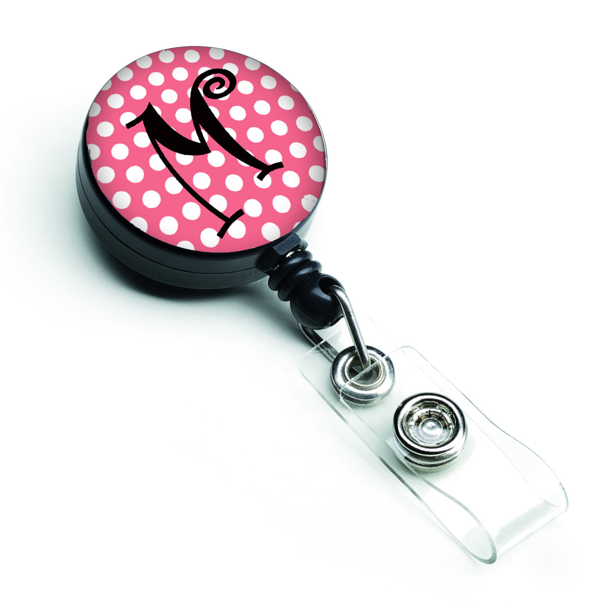 Letter M Monogram - Pink Black Polka Dots Retractable Badge Reel CJ1001-MBR
