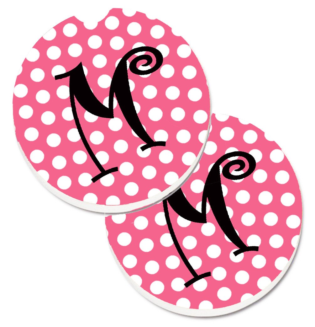 Letter M Monogram - Pink Black Polka Dots Set of 2 Cup Holder Car Coasters CJ1001-MCARC by Caroline's Treasures