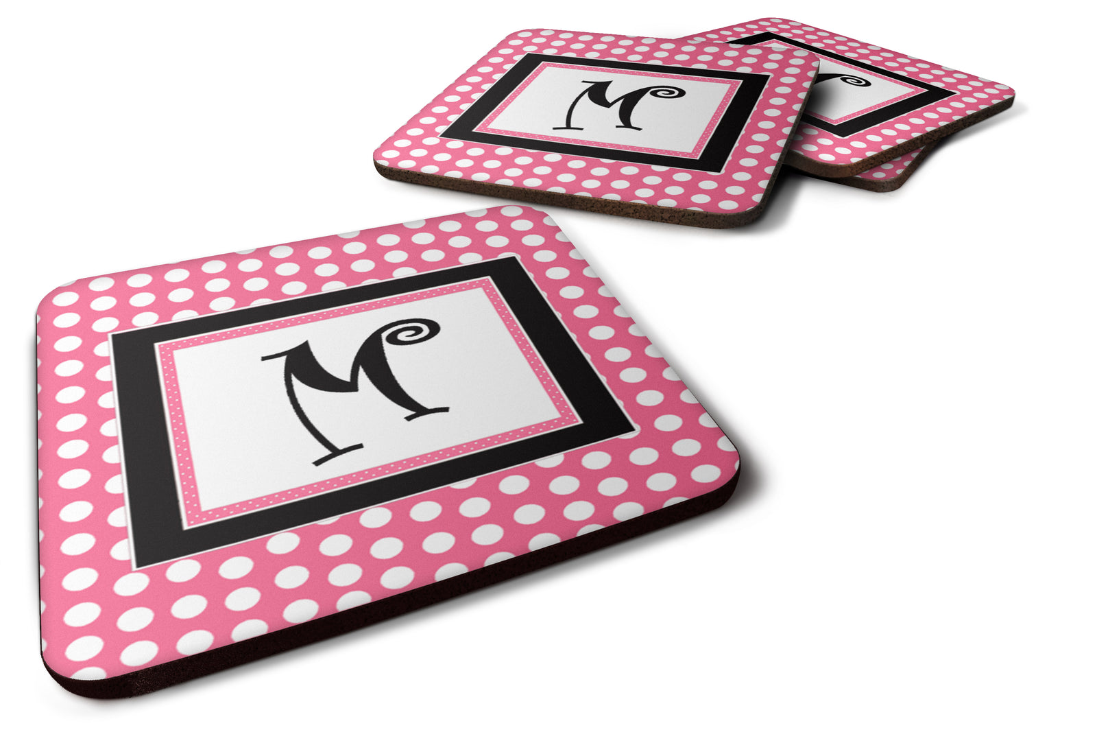 Set of 4 Monogram - Pink Black Polka Dots Foam Coasters Initial Letter M - the-store.com