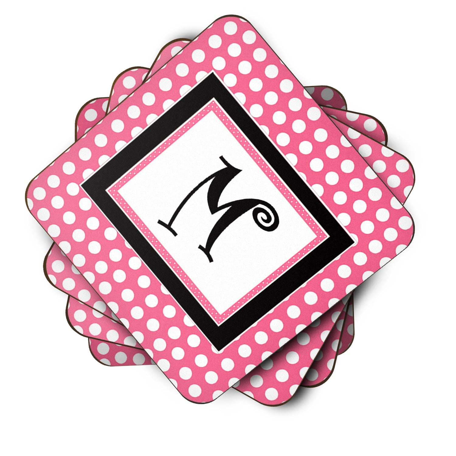 Set of 4 Monogram - Pink Black Polka Dots Foam Coasters Initial Letter M - the-store.com