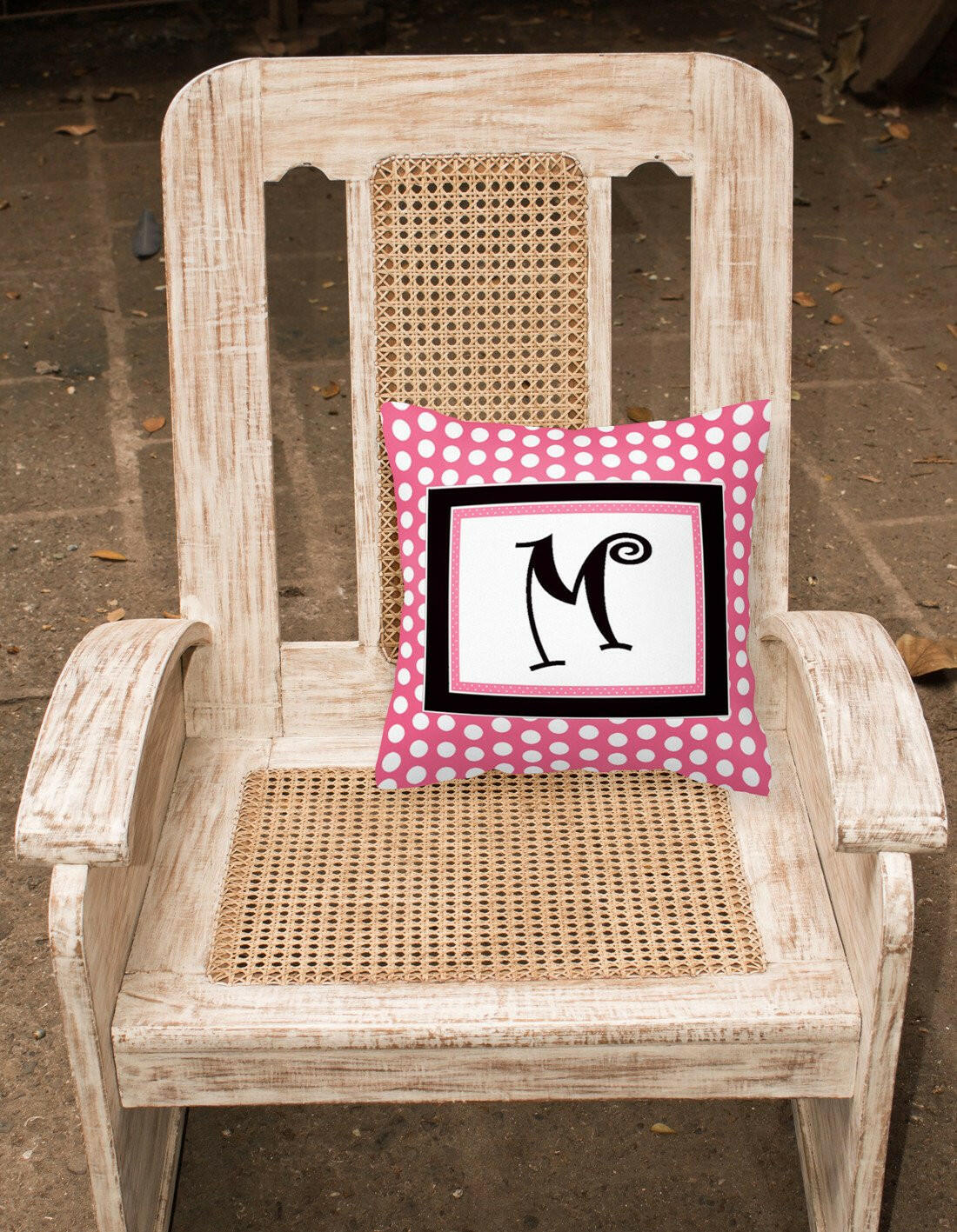 Letter M Initial Monogram Pink Black Polka Dots Decorative Canvas Fabric Pillow - the-store.com
