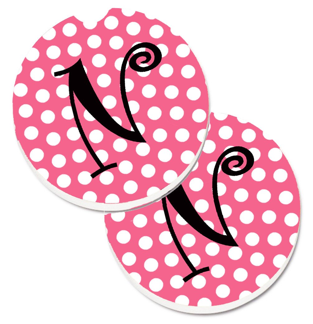 Letter N Monogram - Pink Black Polka Dots Set of 2 Cup Holder Car Coasters CJ1001-NCARC by Caroline's Treasures