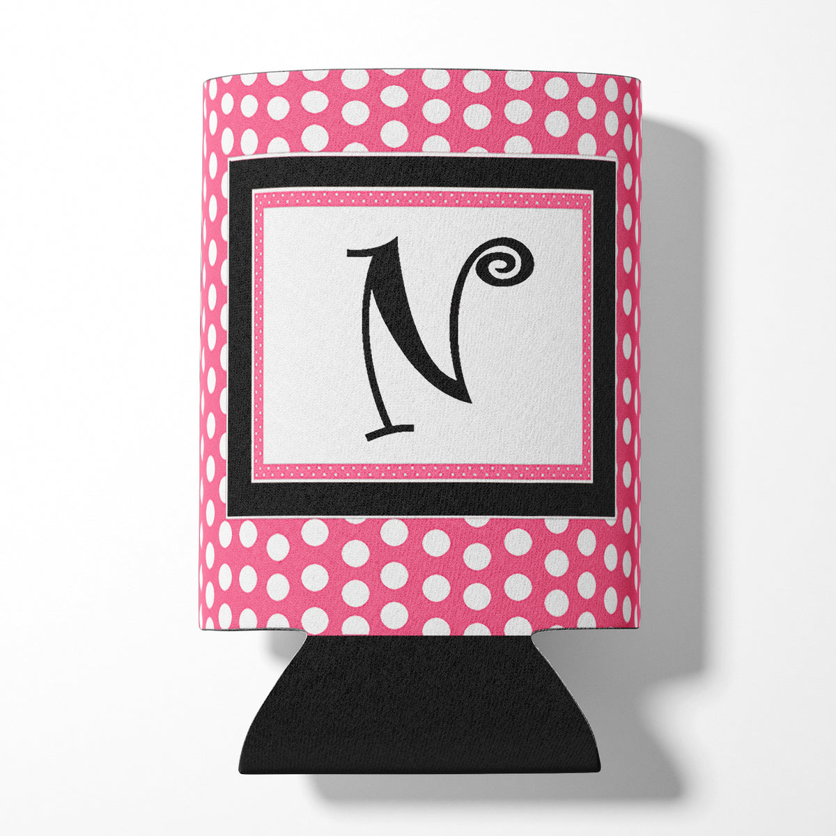 Letter N Initial Monogram - Pink Black Polka Dots Can or Bottle Beverage Insulator Hugger.