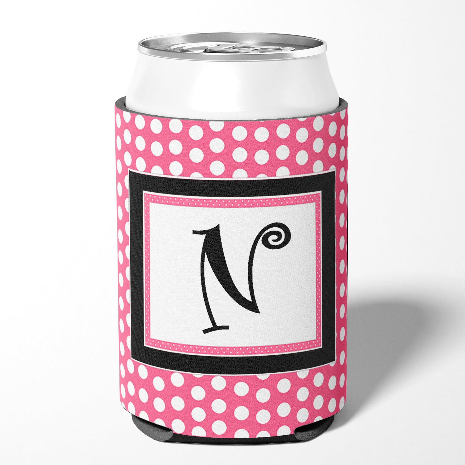 Letter N Initial Monogram - Pink Black Polka Dots Can or Bottle Beverage Insulator Hugger