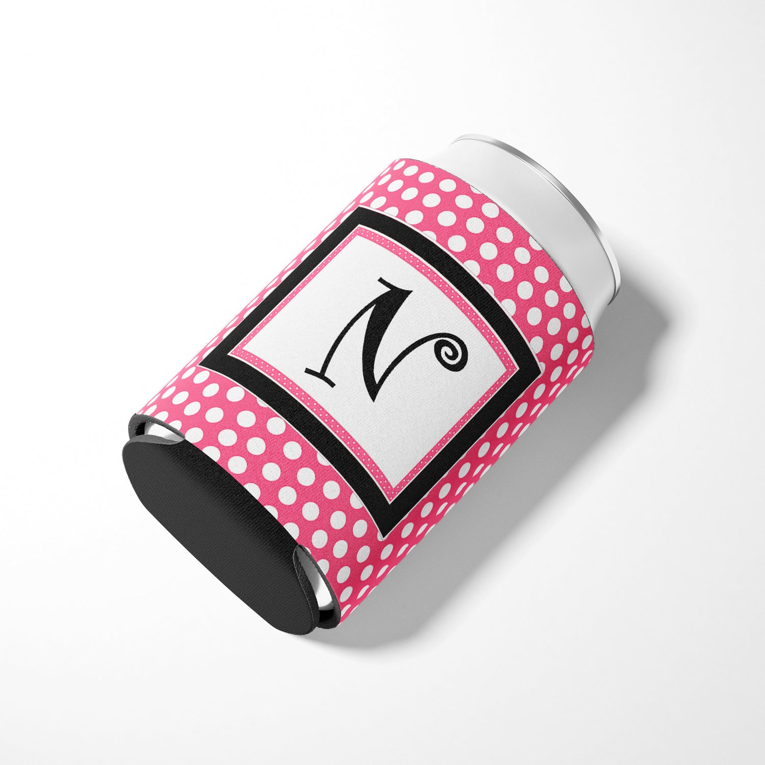 Letter N Initial Monogram - Pink Black Polka Dots Can or Bottle Beverage Insulator Hugger.