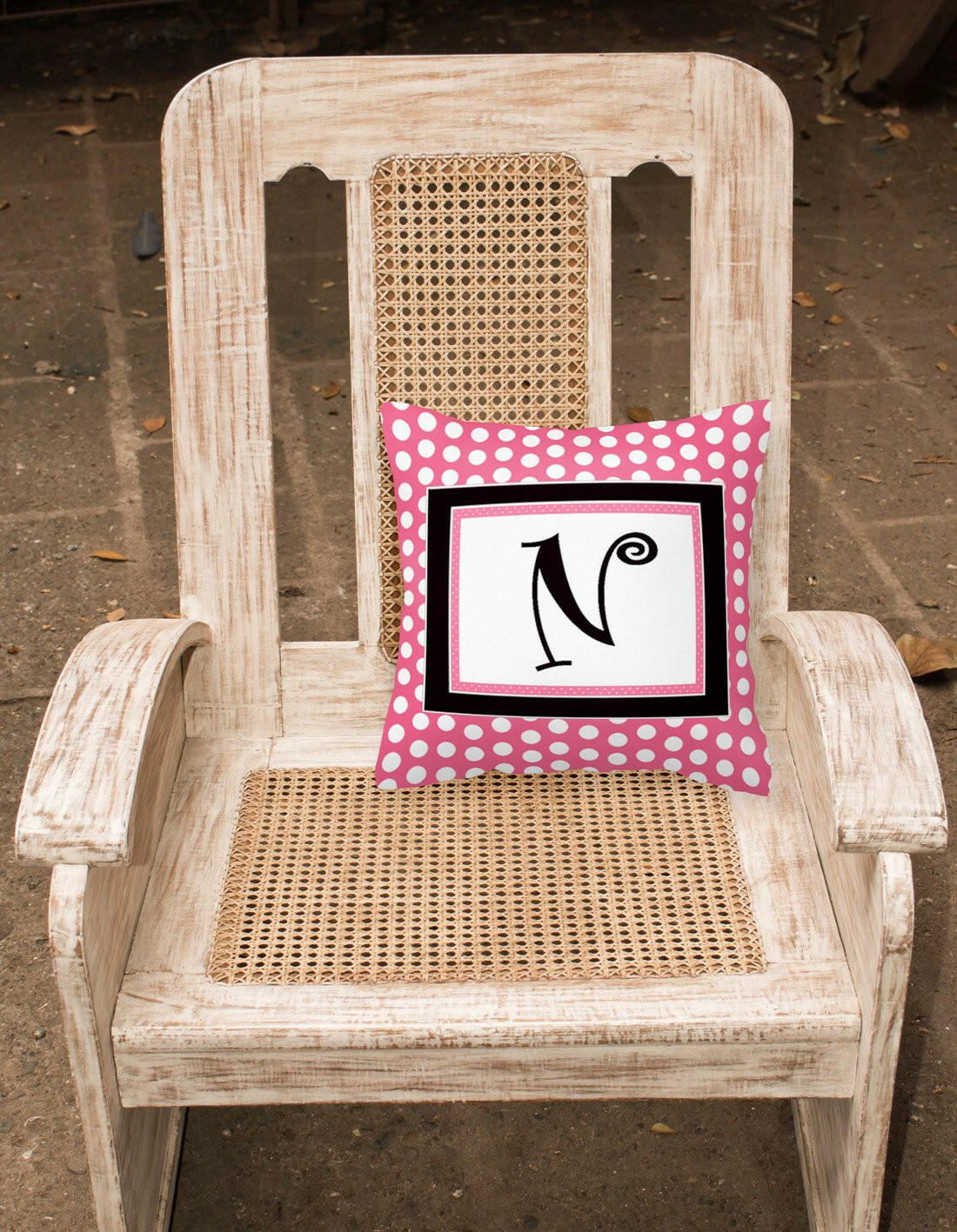 Letter N Initial Monogram Pink Black Polka Dots Decorative Canvas Fabric Pillow - the-store.com