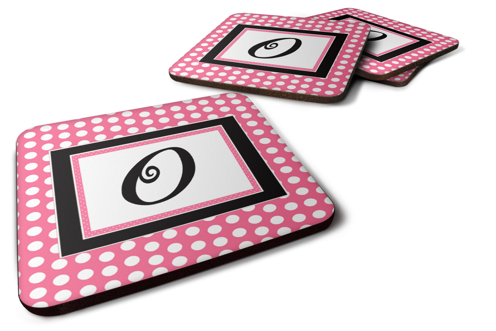 Set of 4 Monogram - Pink Black Polka Dots Foam Coasters Initial Letter O - the-store.com