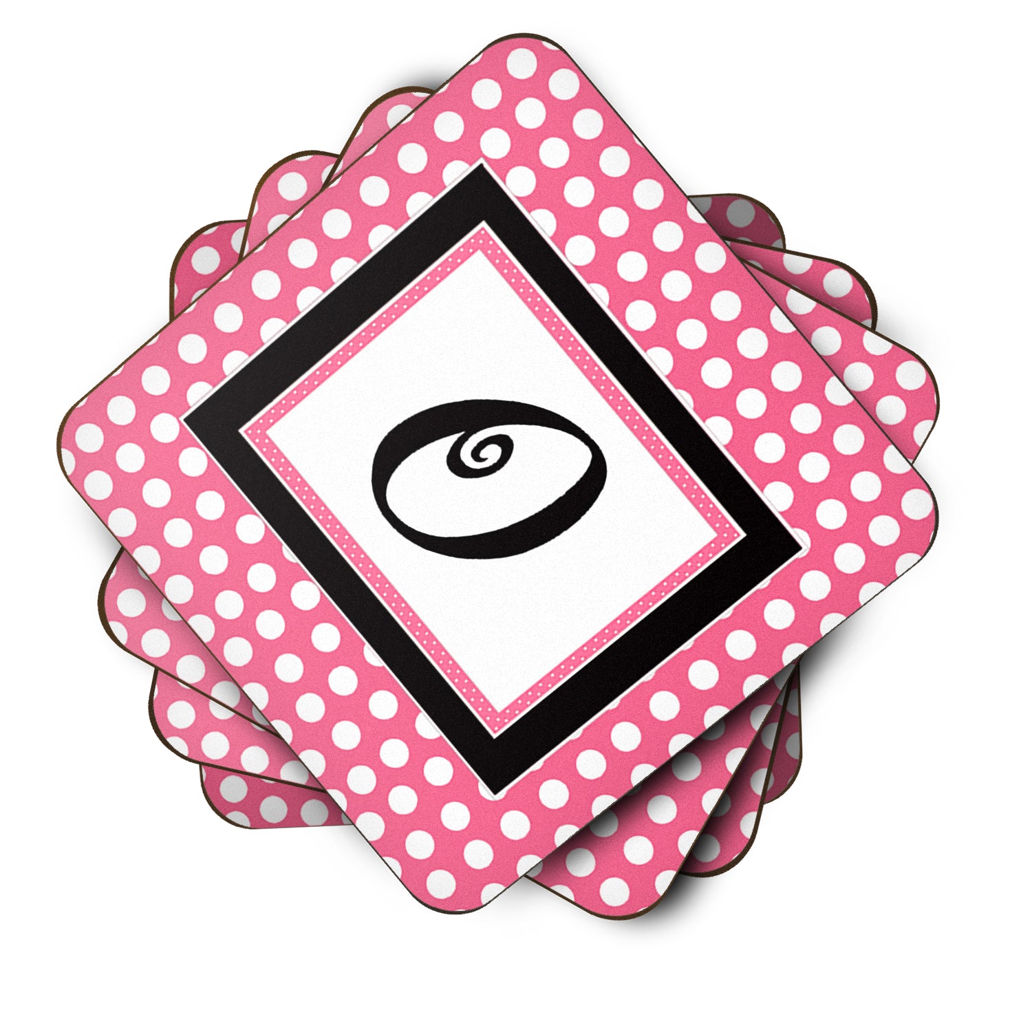 Set of 4 Monogram - Pink Black Polka Dots Foam Coasters Initial Letter O - the-store.com