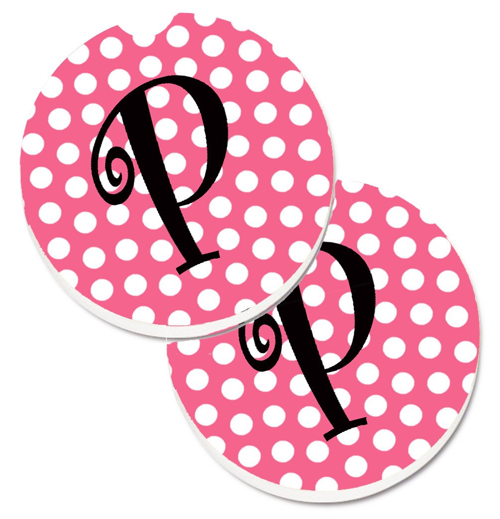 Letter P Monogram - Pink Black Polka Dots Set of 2 Cup Holder Car Coasters CJ1001-PCARC by Caroline&#39;s Treasures