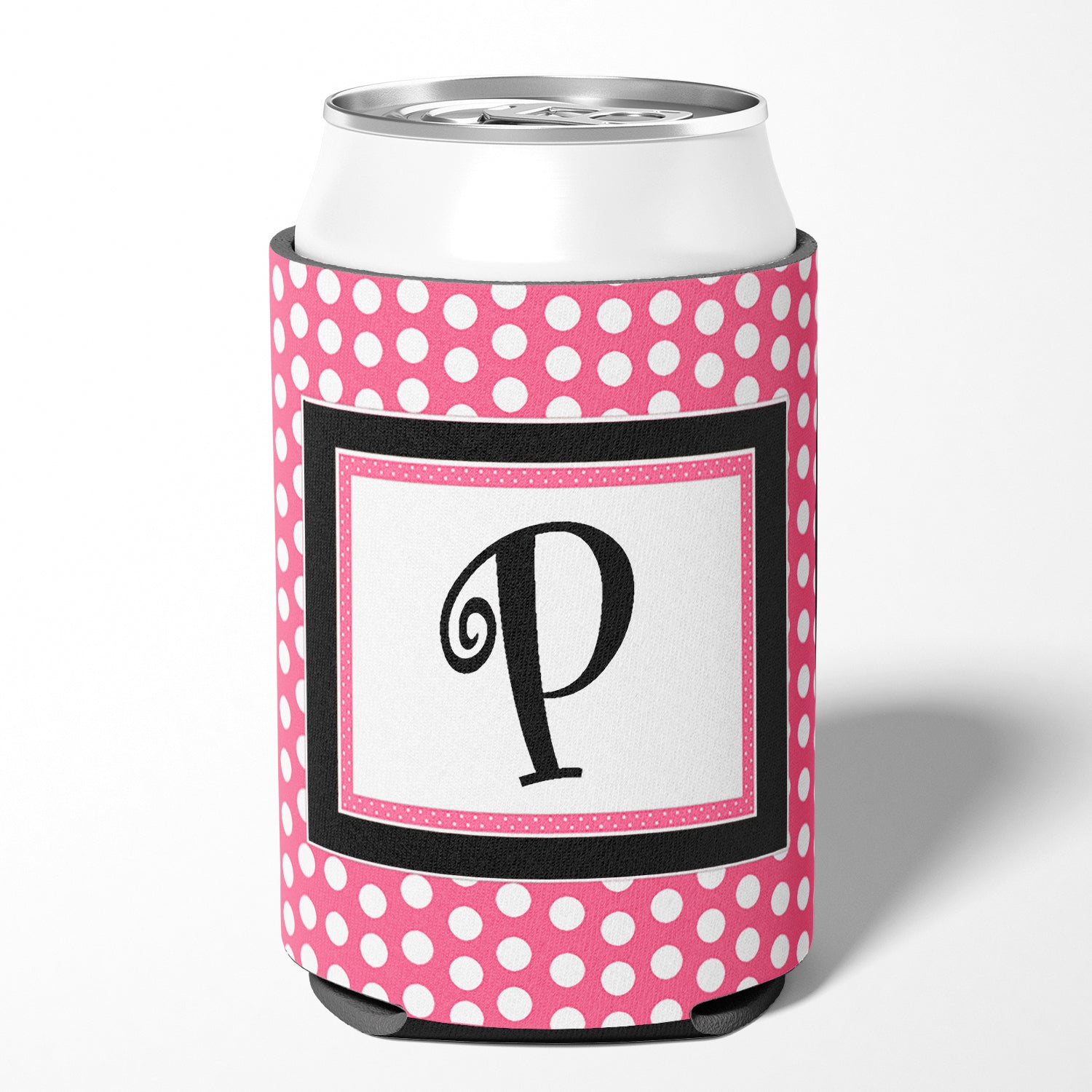 Letter P Initial Monogram - Pink Black Polka Dots Can or Bottle Beverage Insulator Hugger.
