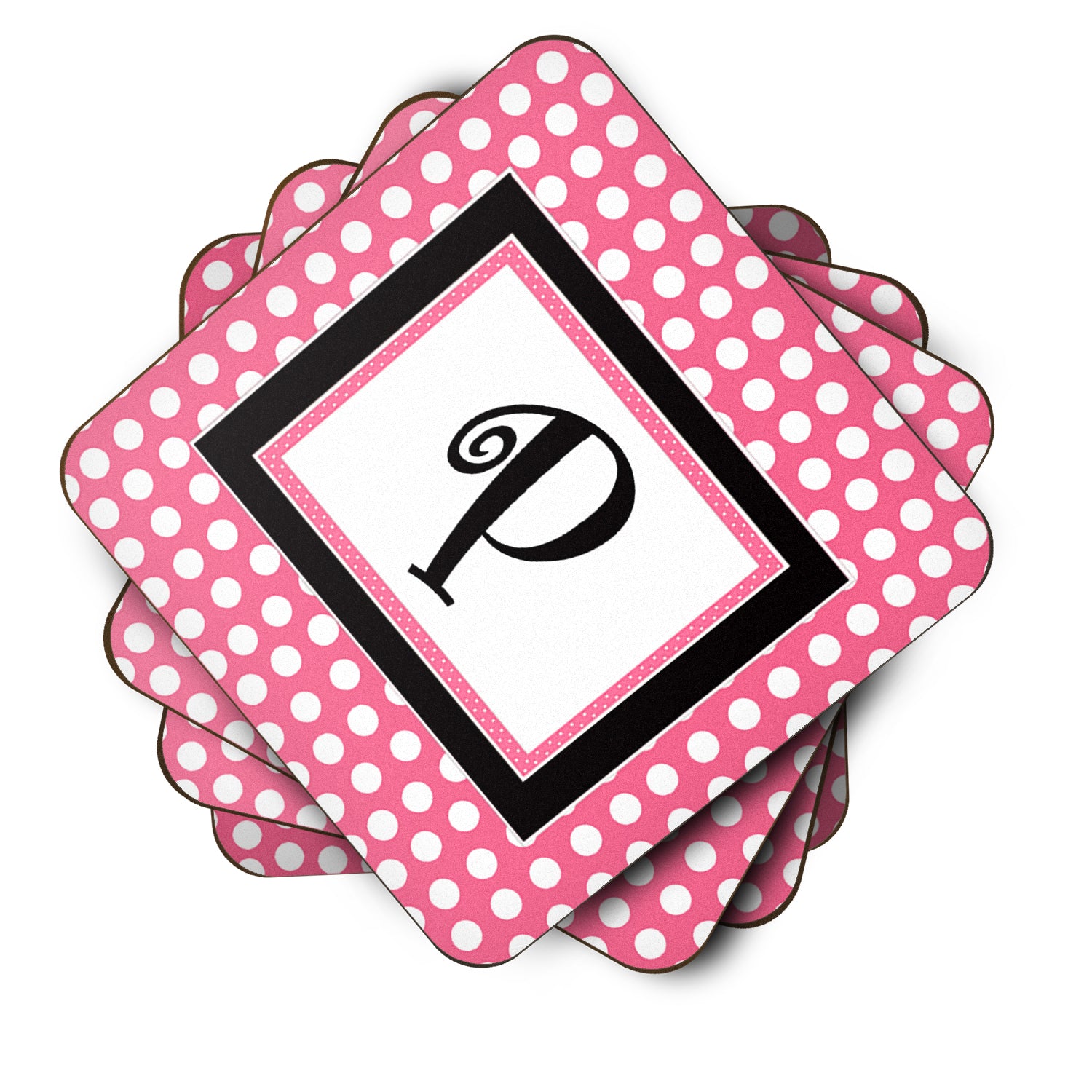 Set of 4 Monogram - Pink Black Polka Dots Foam Coasters Initial Letter P - the-store.com