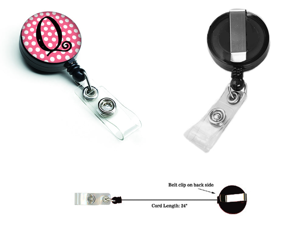 Letter Q Monogram - Pink Black Polka Dots Retractable Badge Reel CJ1001-QBR