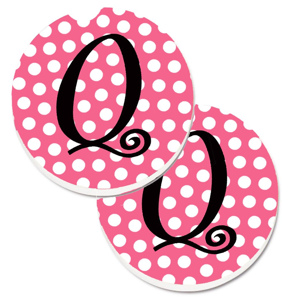 Letter Q Monogram - Pink Black Polka Dots Set of 2 Cup Holder Car Coasters CJ1001-QCARC by Caroline&#39;s Treasures