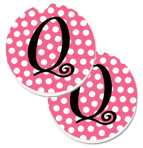 Letter Q Monogram - Pink Black Polka Dots Set of 2 Cup Holder Car Coasters CJ1001-QCARC by Caroline's Treasures
