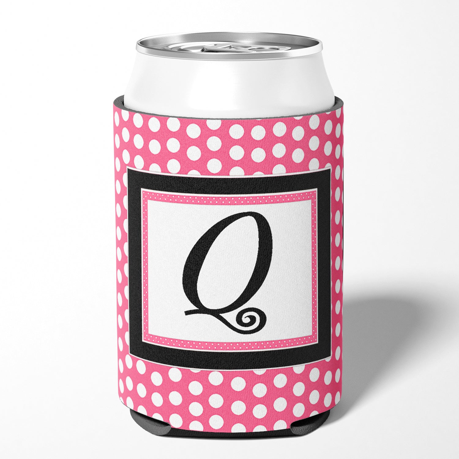 Letter Q Initial Monogram - Pink Black Polka Dots Can or Bottle Beverage Insulator Hugger