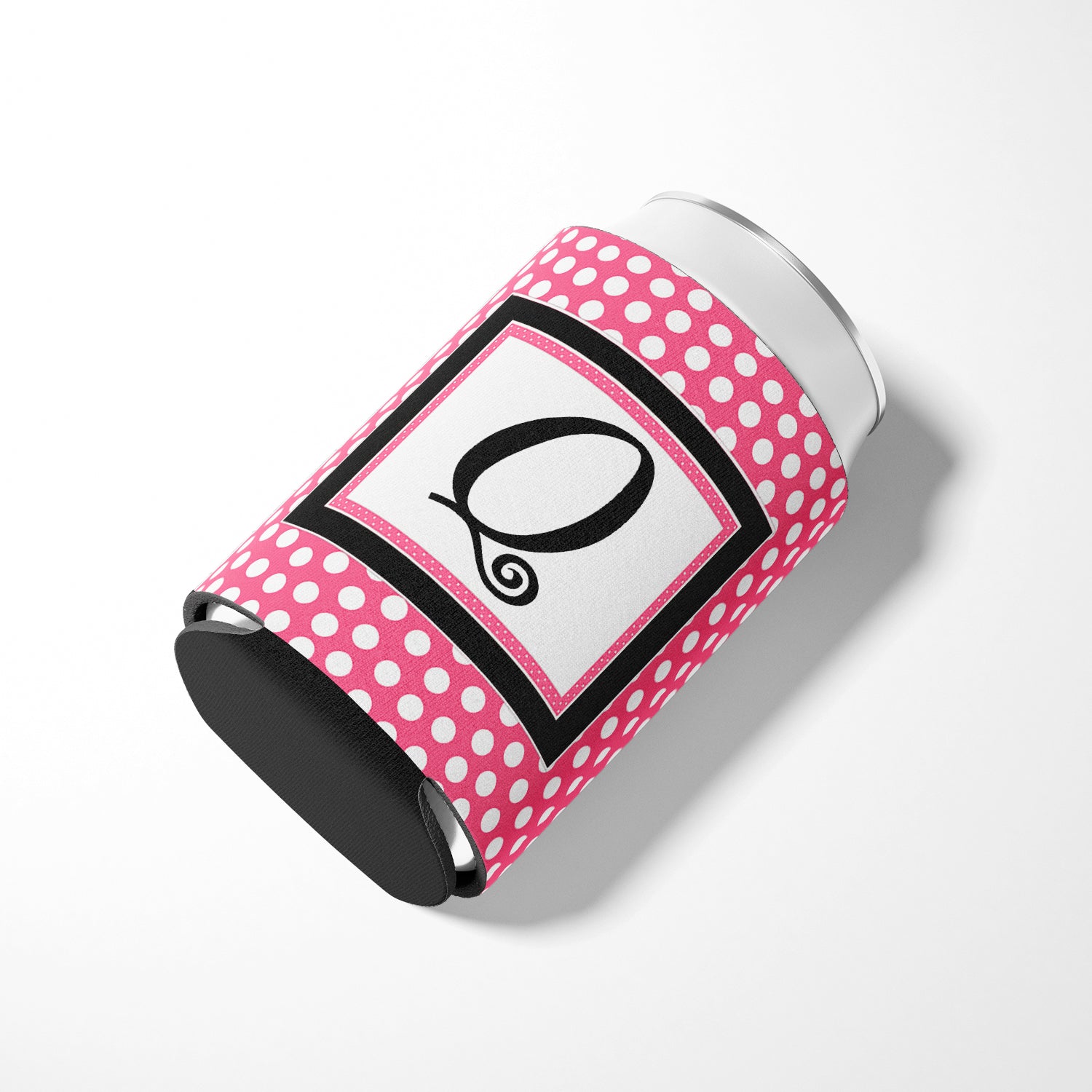 Letter Q Initial Monogram - Pink Black Polka Dots Can or Bottle Beverage Insulator Hugger.