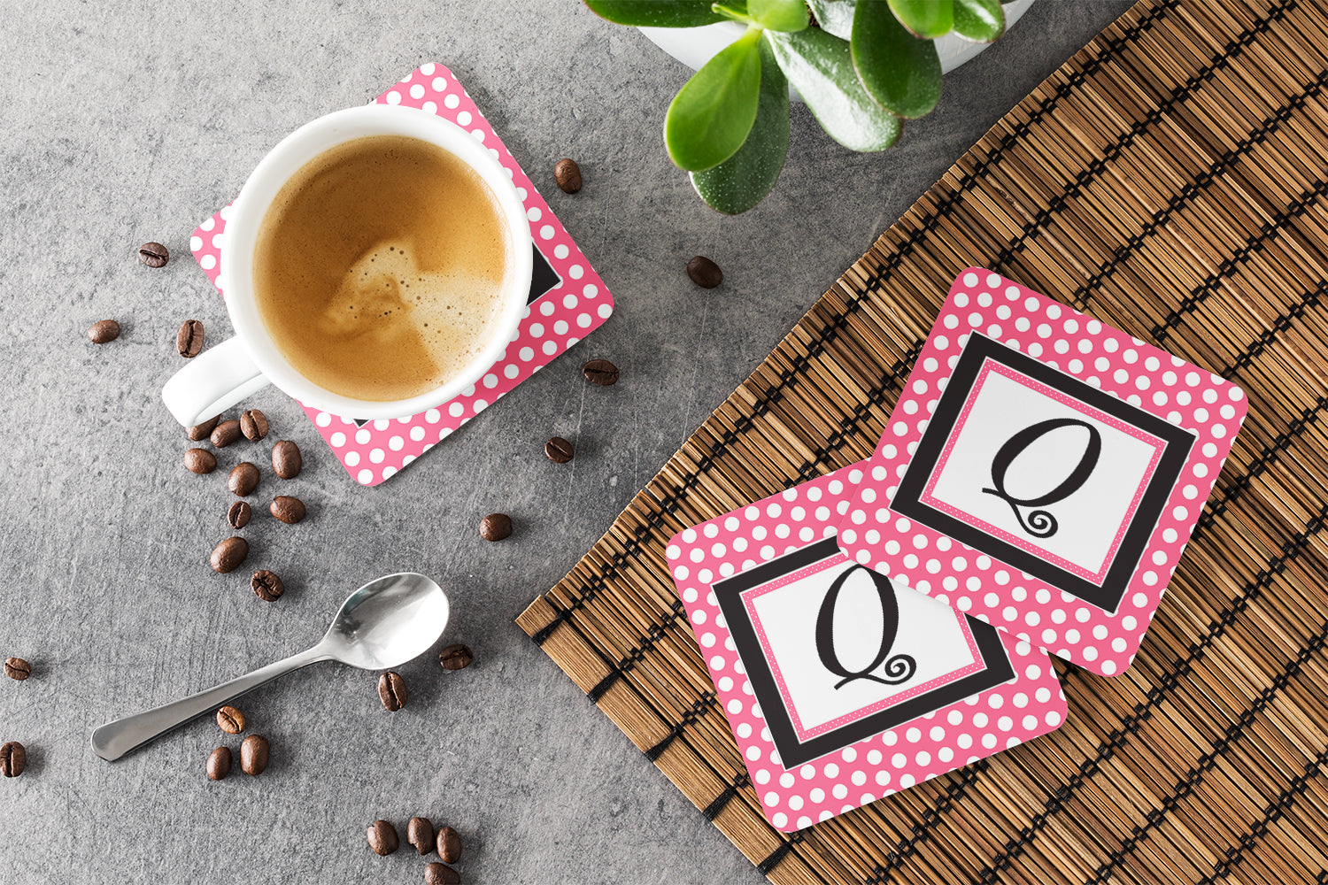 Set of 4 Monogram - Pink Black Polka Dots Foam Coasters Initial Letter Q - the-store.com