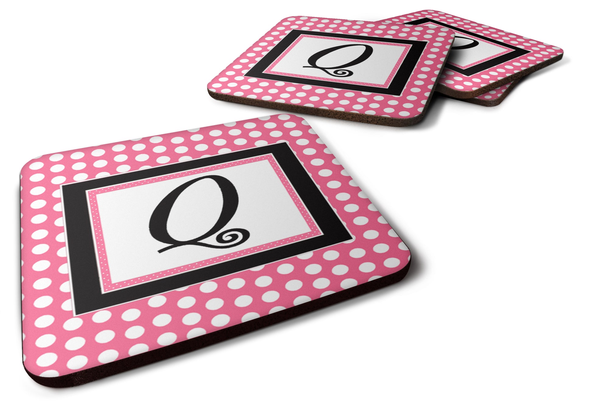 Set of 4 Monogram - Pink Black Polka Dots Foam Coasters Initial Letter Q - the-store.com