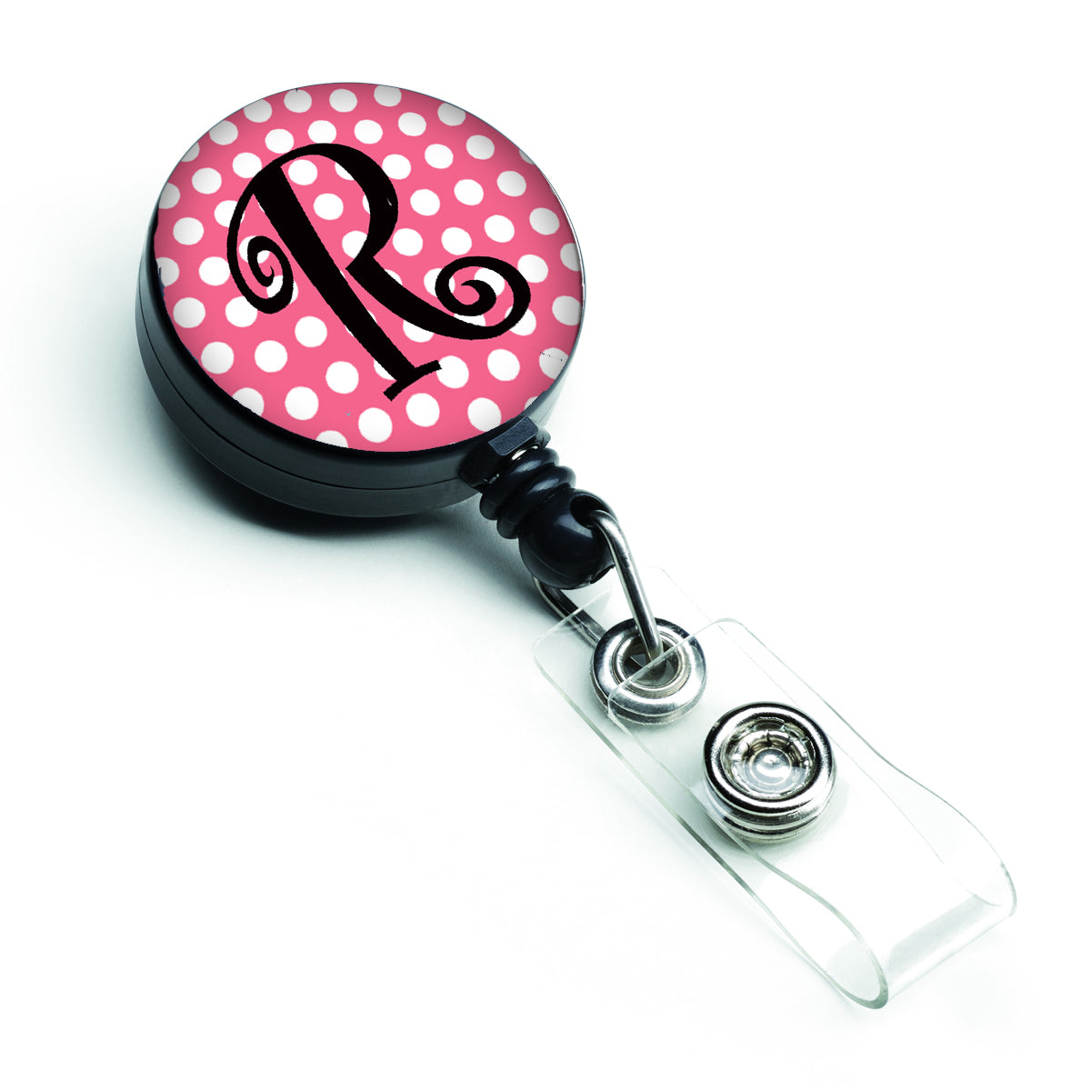 Letter R Monogram - Pink Black Polka Dots Retractable Badge Reel CJ1001-RBR