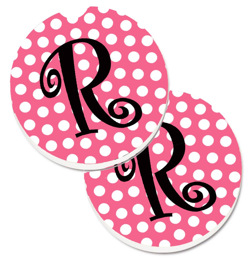 Letter R Monogram - Pink Black Polka Dots Set of 2 Cup Holder Car Coasters CJ1001-RCARC by Caroline&#39;s Treasures