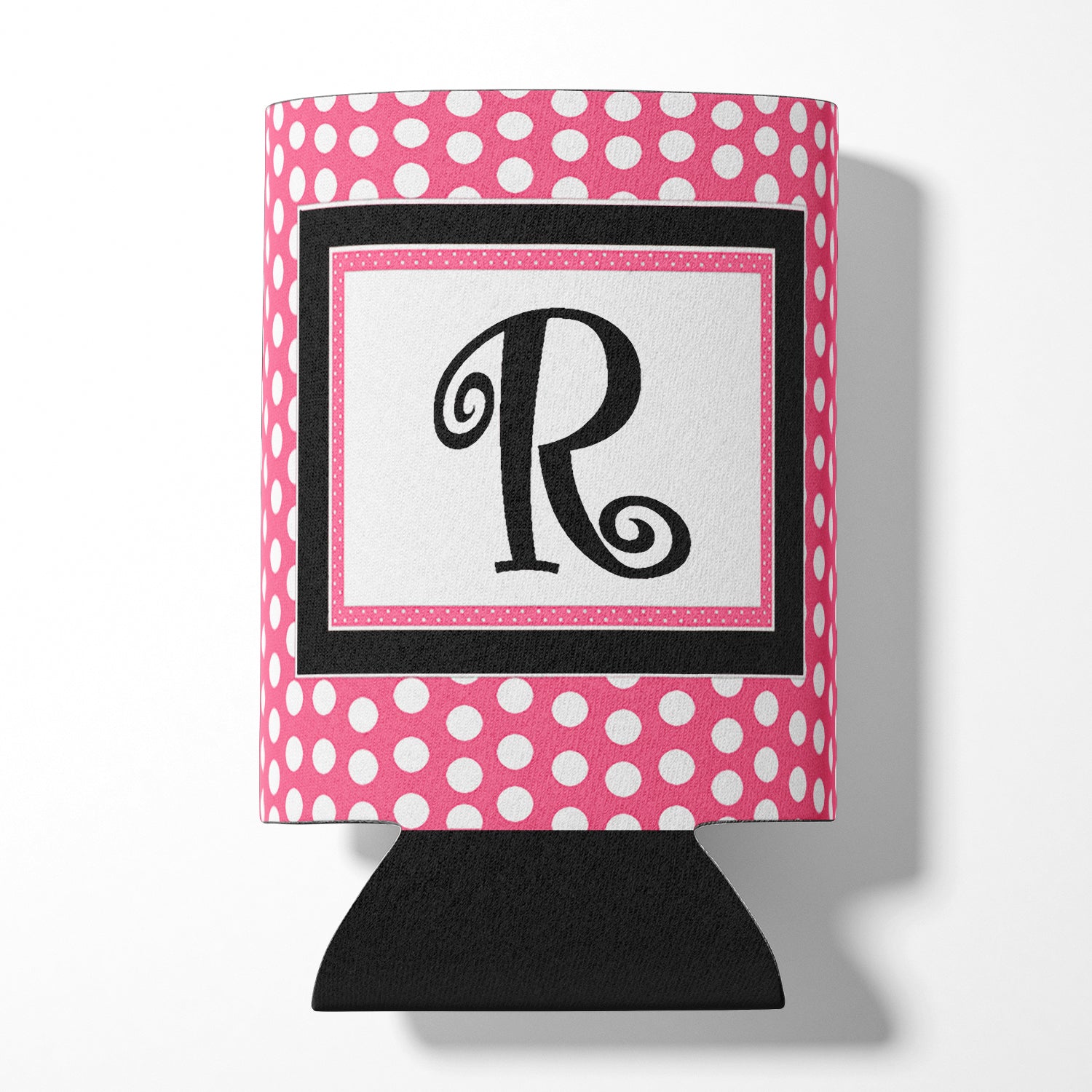 Letter R Initial Monogram - Pink Black Polka Dots Can or Bottle Beverage Insulator Hugger.