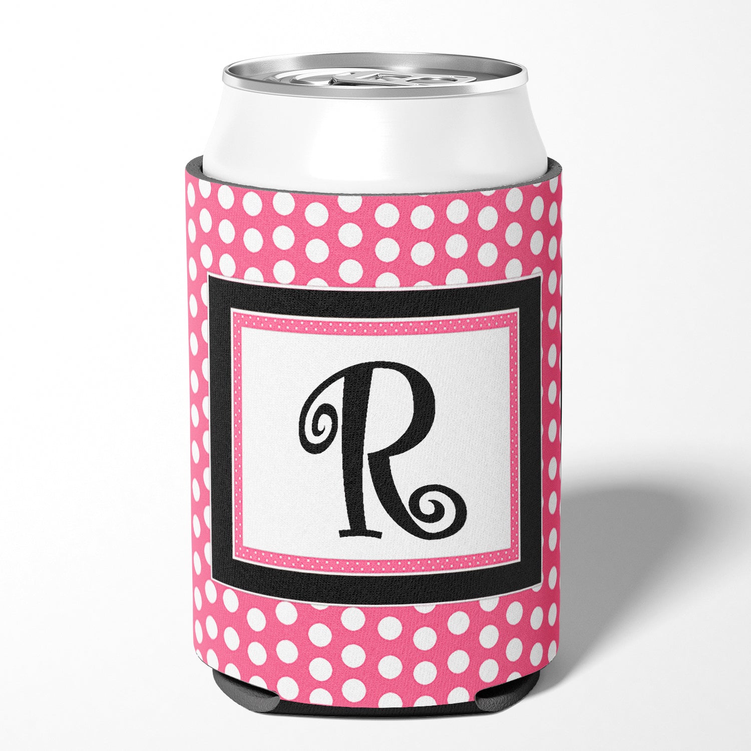 Letter R Initial Monogram - Pink Black Polka Dots Can or Bottle Beverage Insulator Hugger
