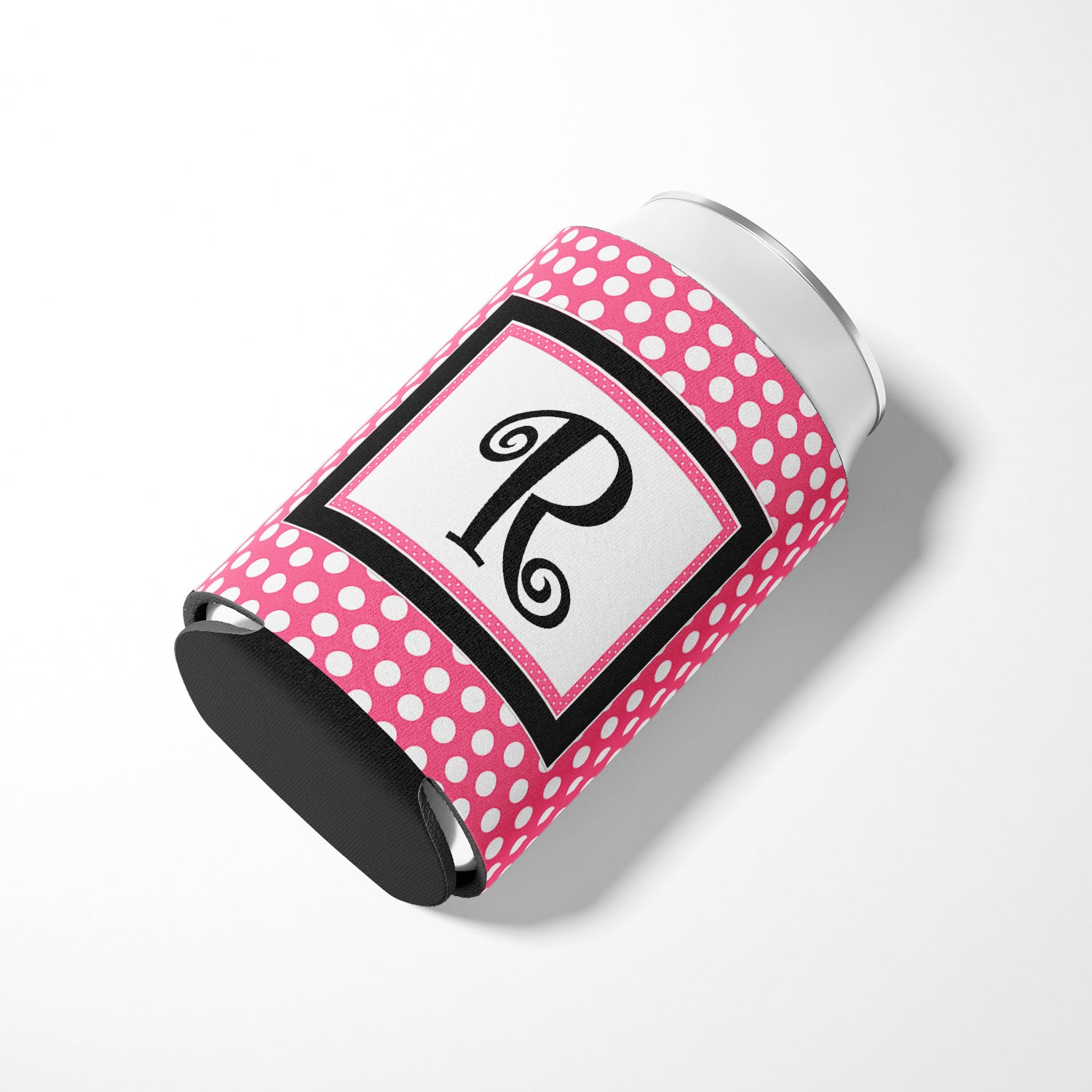 Letter R Initial Monogram - Pink Black Polka Dots Can or Bottle Beverage Insulator Hugger.