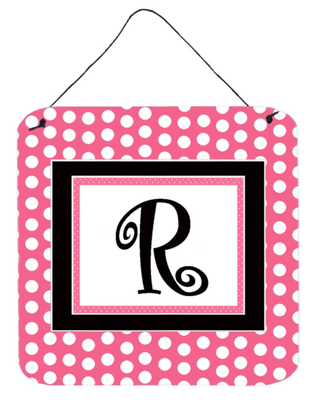 Letter R Initial  - Pink Black Polka Dots Wall or Door Hanging Prints by Caroline&#39;s Treasures