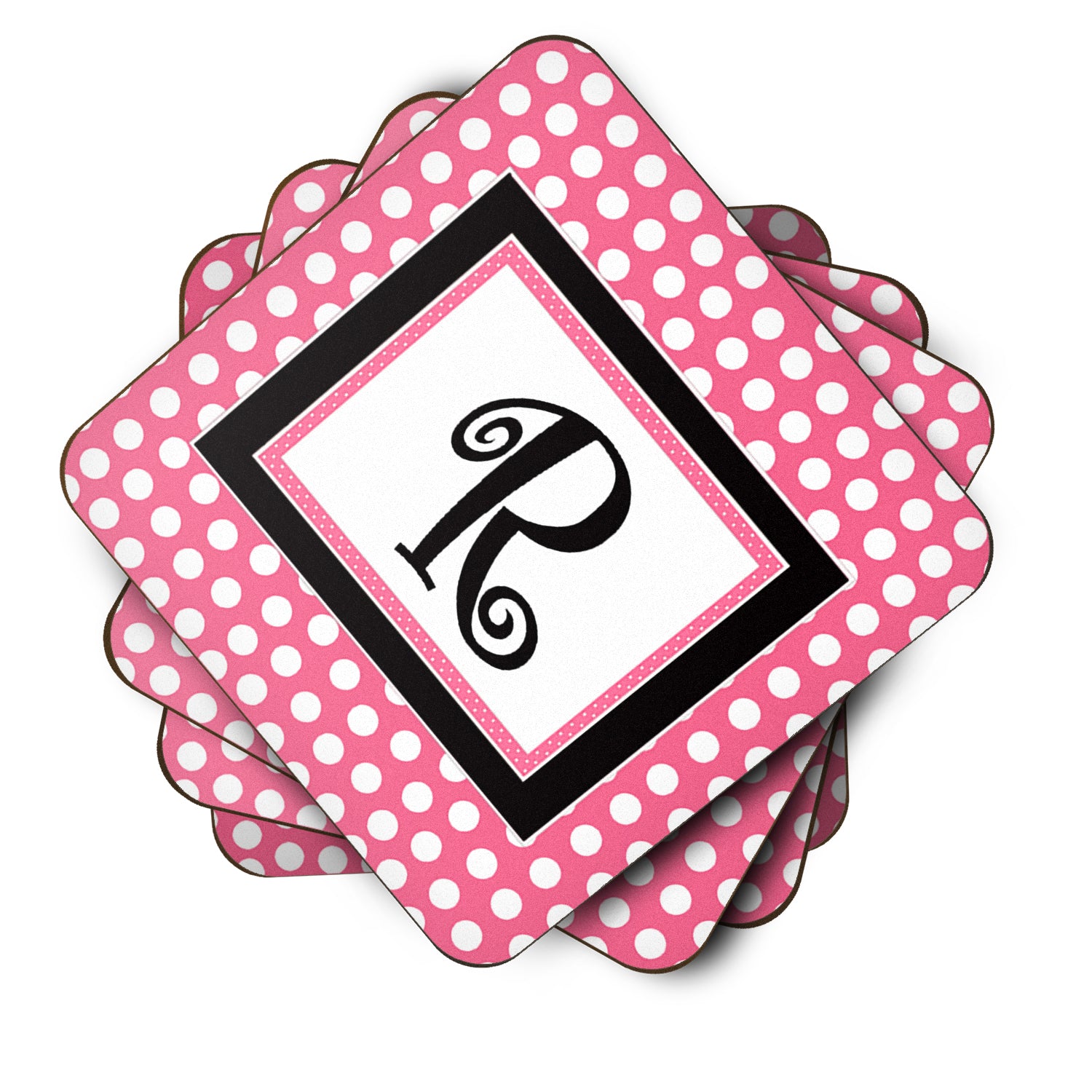 Set of 4 Monogram - Pink Black Polka Dots Foam Coasters Initial Letter R - the-store.com