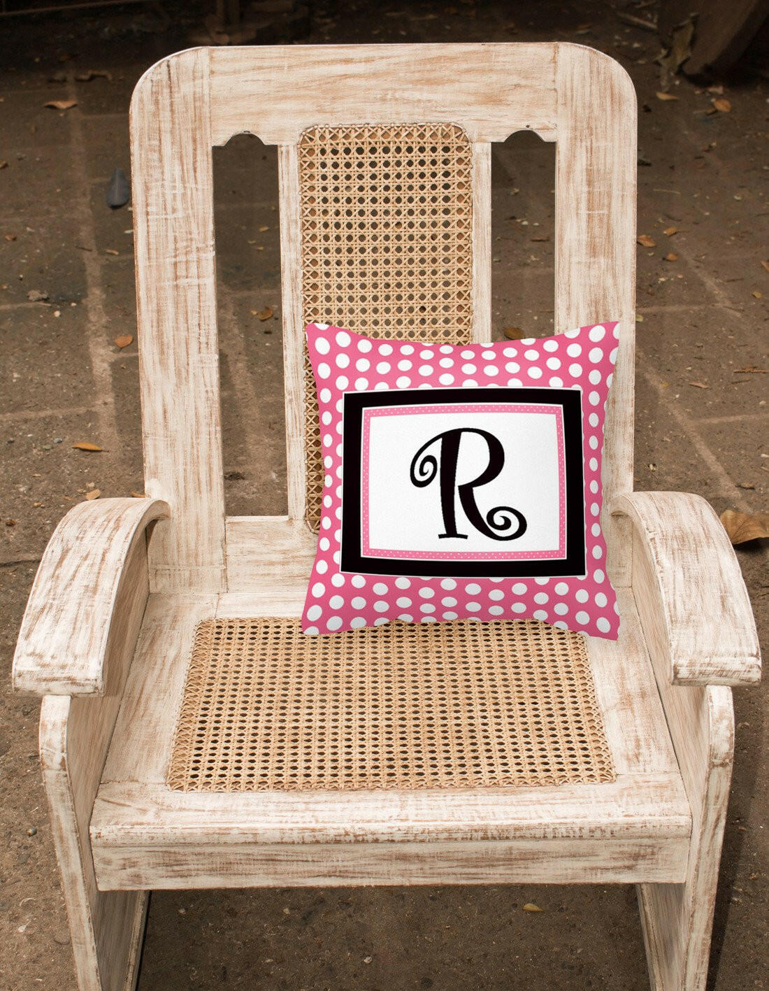 Letter R Initial Monogram Pink Black Polka Dots Decorative Canvas Fabric Pillow - the-store.com