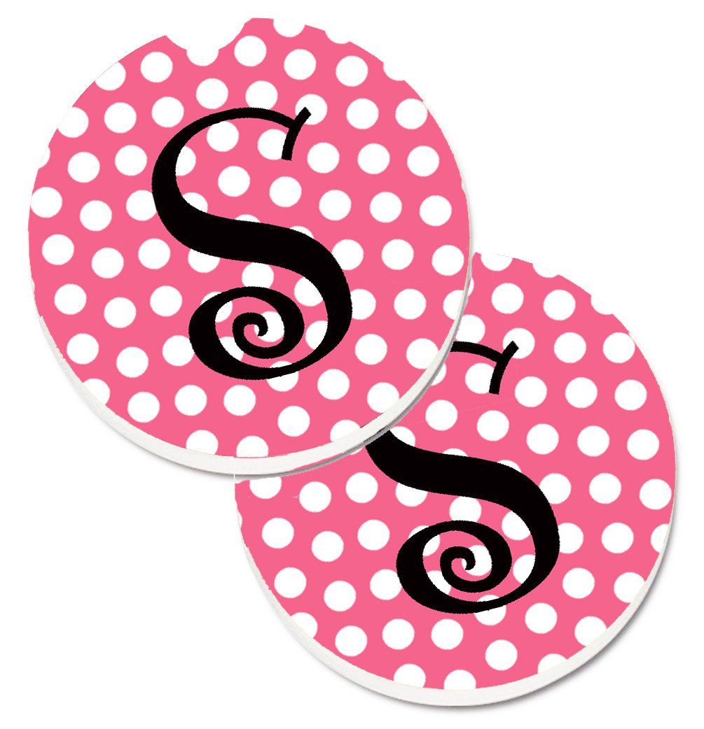 Letter S Monogram - Pink Black Polka Dots Set of 2 Cup Holder Car Coasters CJ1001-SCARC by Caroline's Treasures
