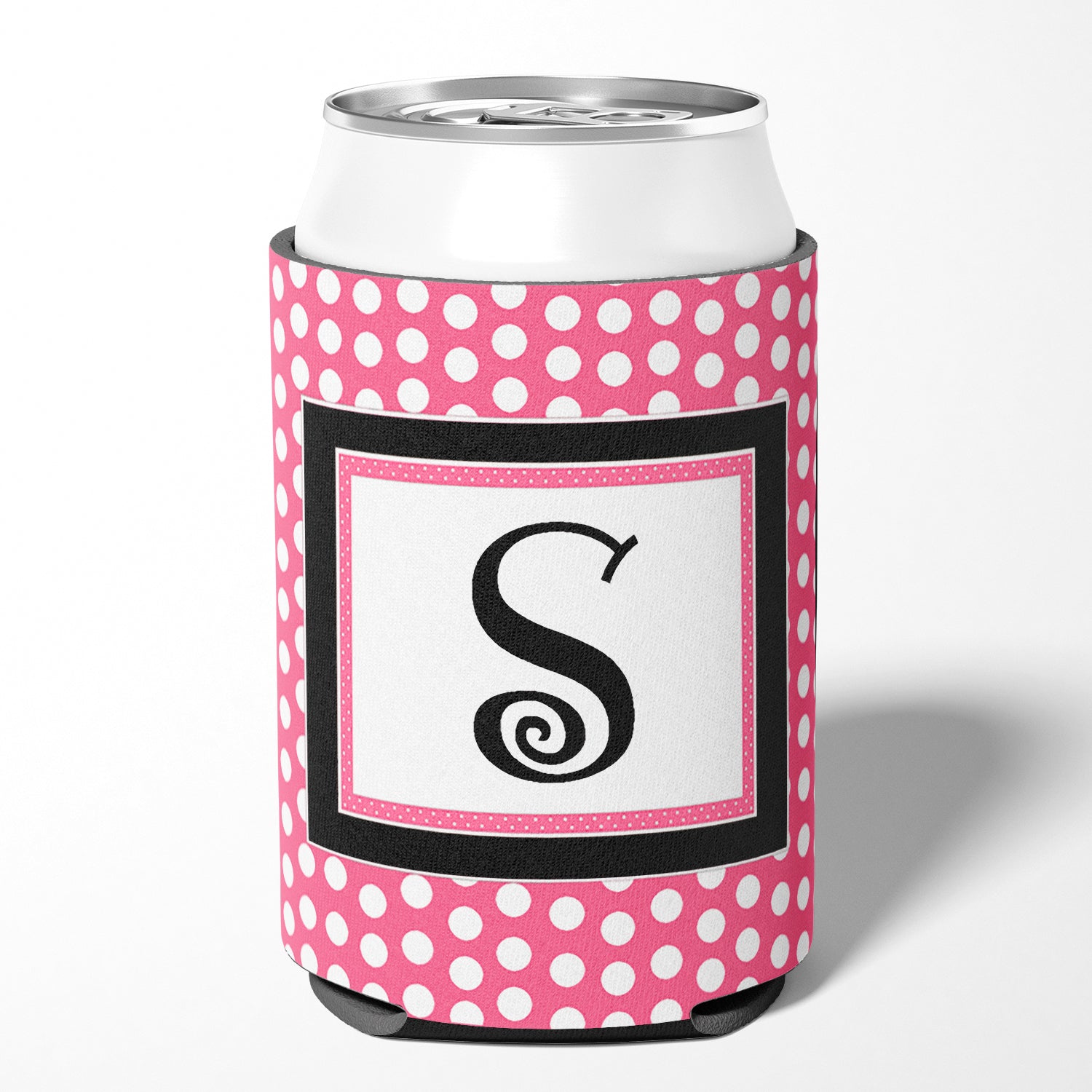 Letter S Initial Monogram - Pink Black Polka Dots Can or Bottle Beverage Insulator Hugger.
