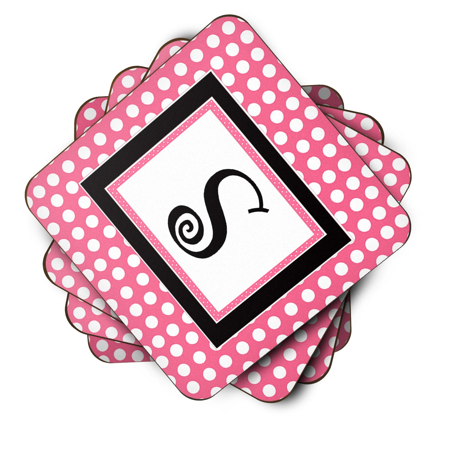 Set of 4 Monogram - Pink Black Polka Dots Foam Coasters Initial Letter S - the-store.com